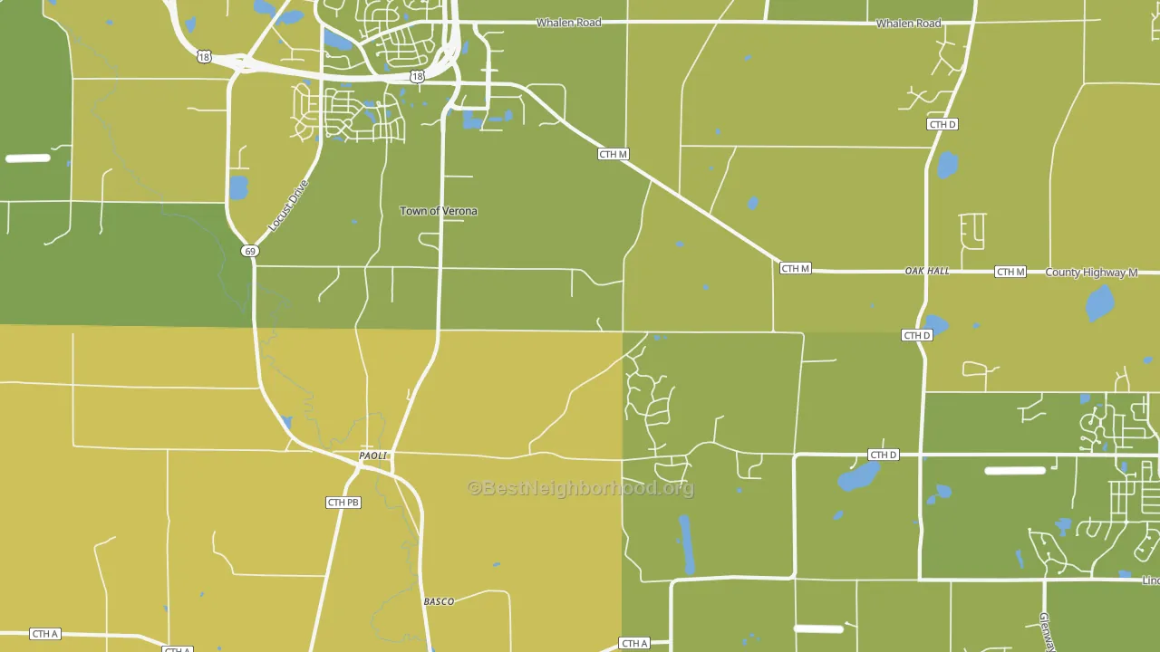 Map of the best neighborhoods in the Paoli area, with better matches in green and worse matches in red