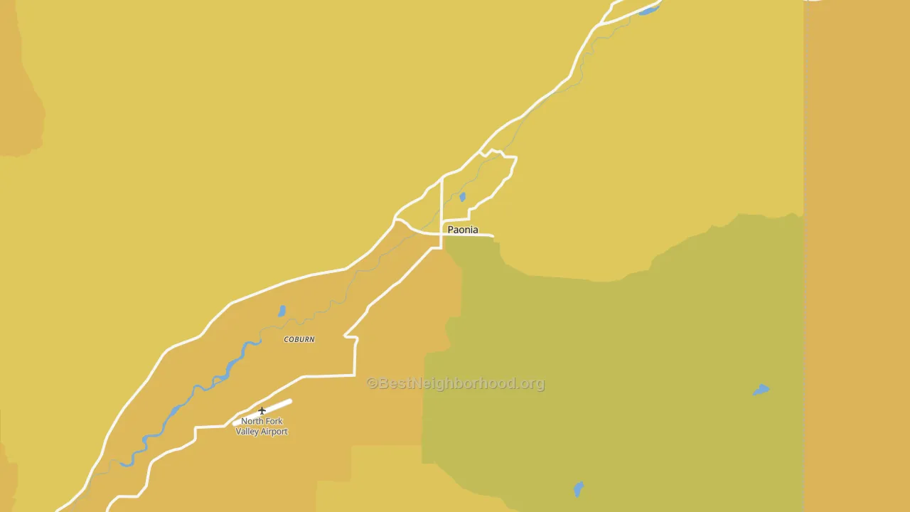 Map of the best neighborhoods in the Paonia area, with better matches in green and worse matches in red