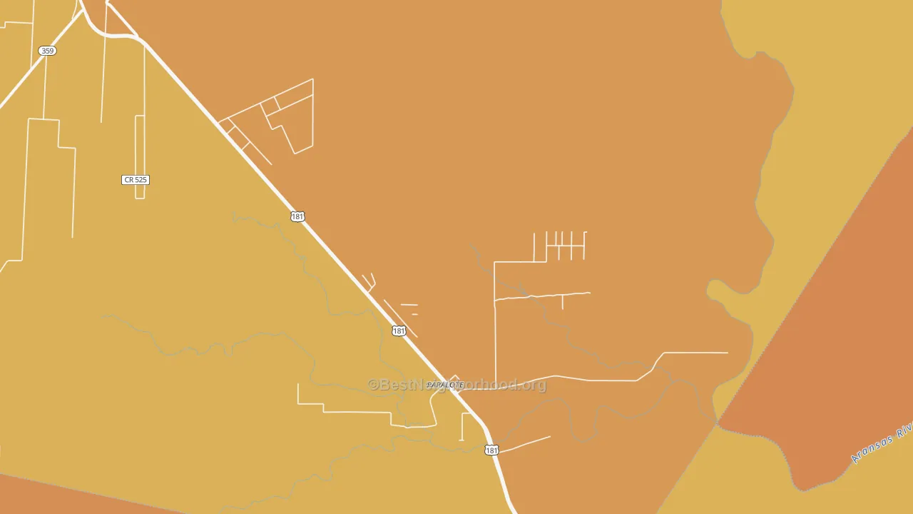 Map of the best neighborhoods in the Papalote area, with better matches in green and worse matches in red