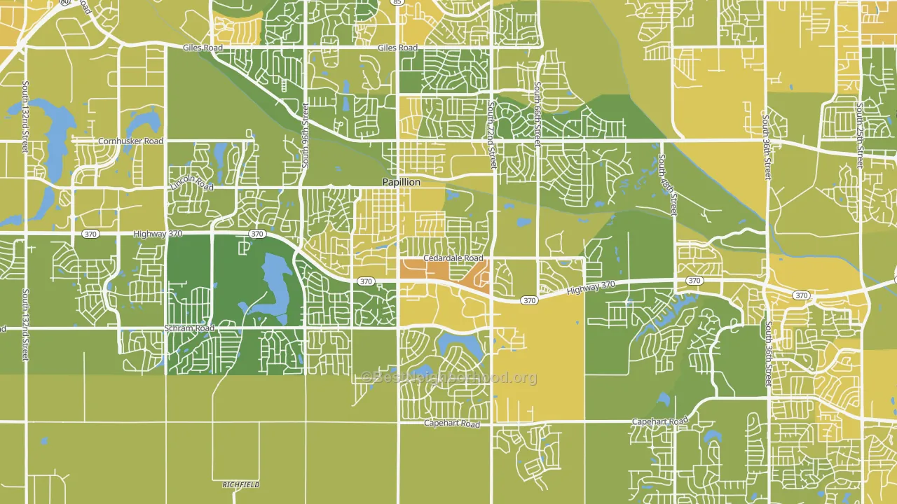 Map of the best neighborhoods in the Papillion area, with better matches in green and worse matches in red