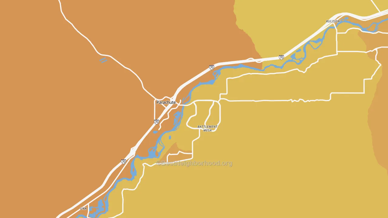 Map of the best neighborhoods in the Parachute area, with better matches in green and worse matches in red