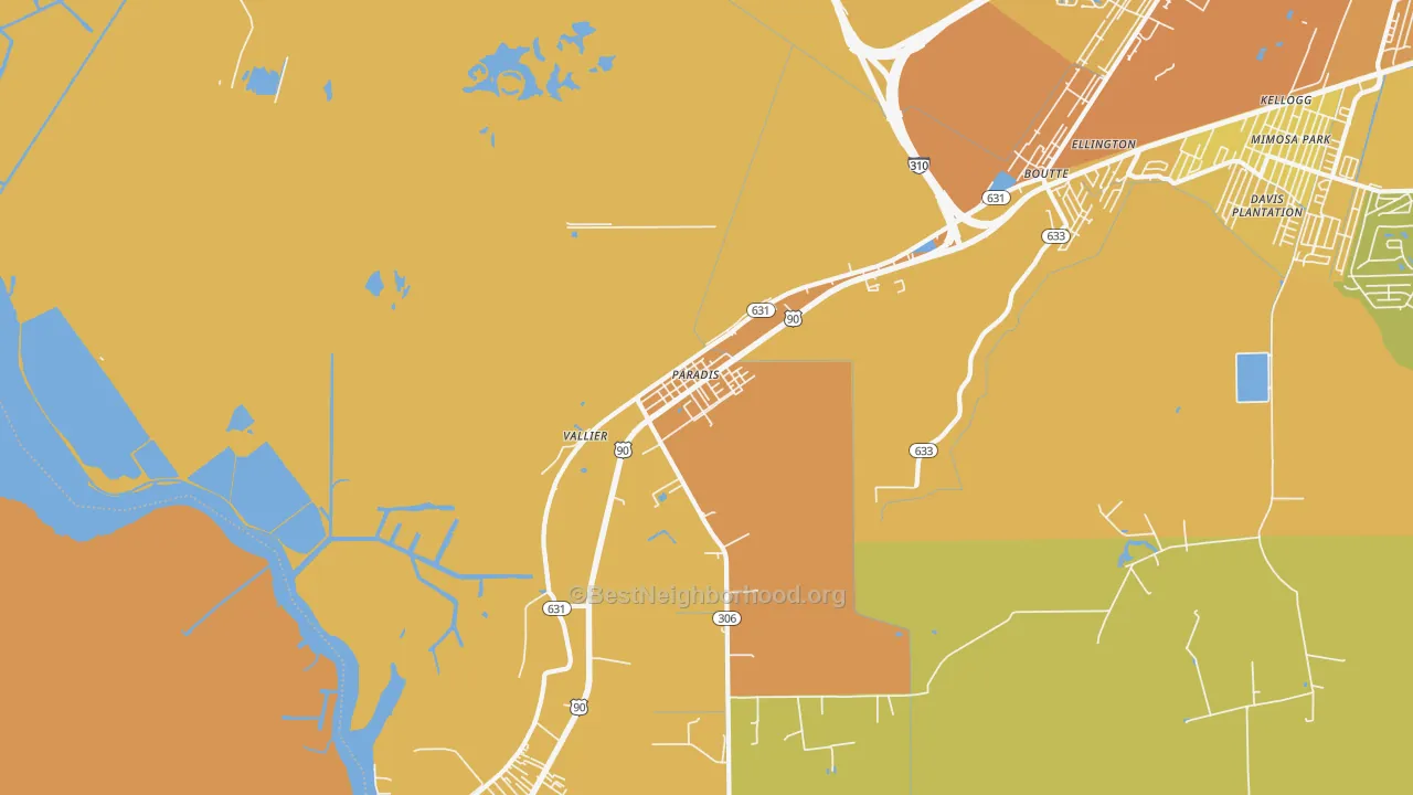 Map of the best neighborhoods in the Paradis area, with better matches in green and worse matches in red