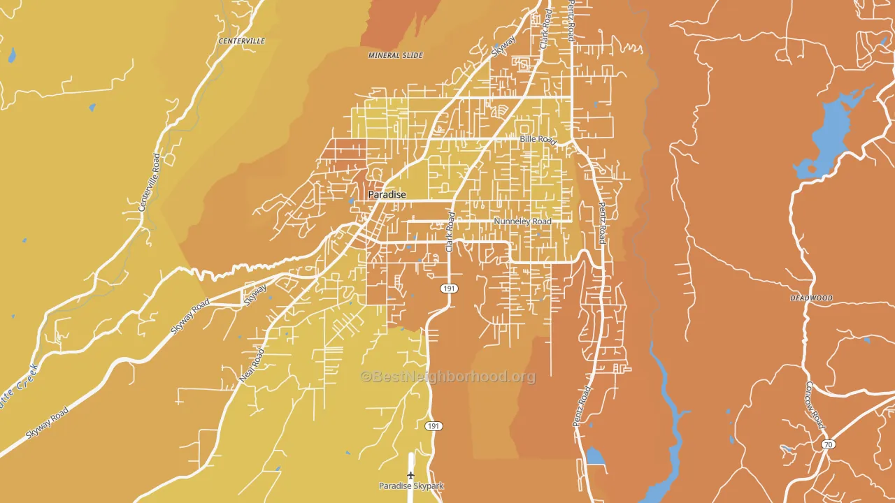 Map of the best neighborhoods in the Paradise area, with better matches in green and worse matches in red