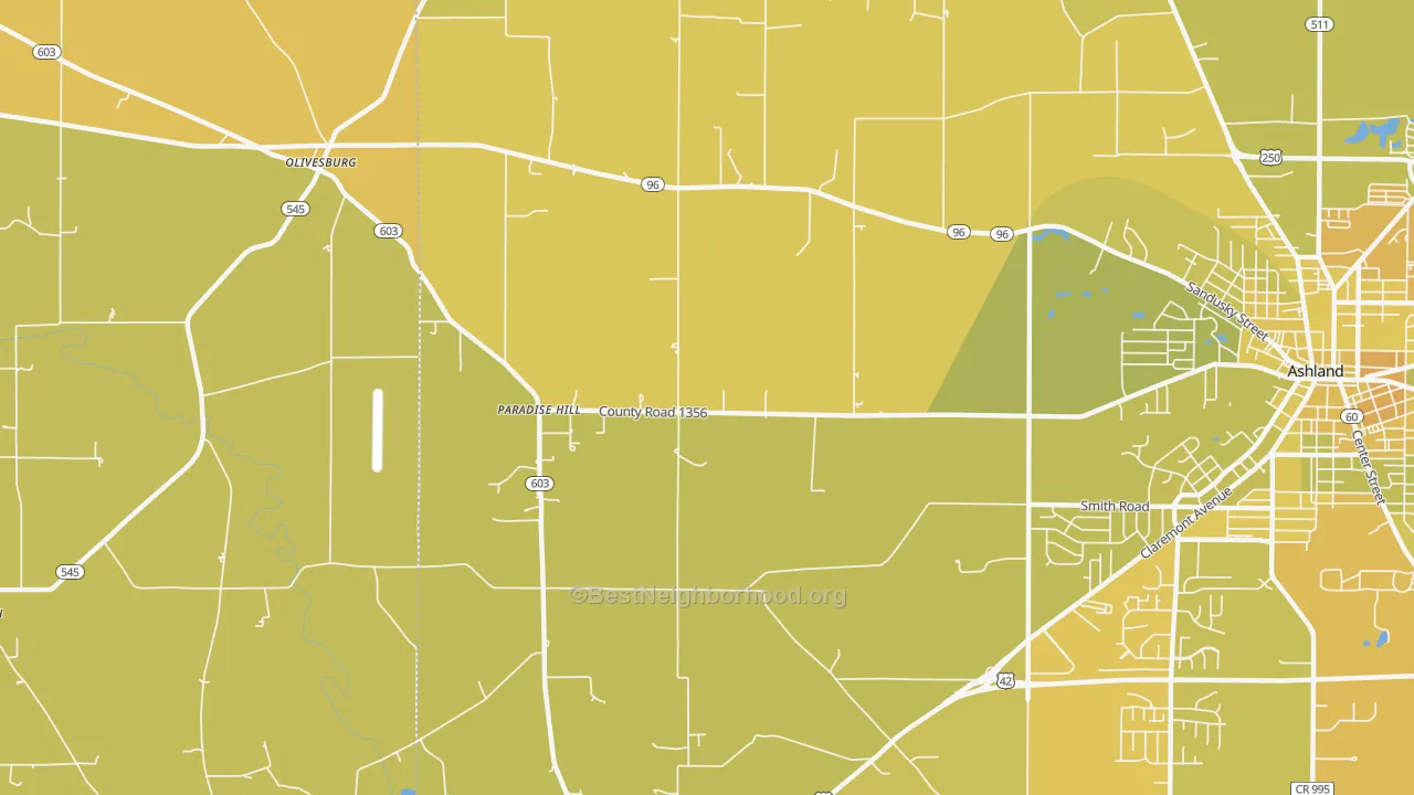 Map of the best neighborhoods in the Paradise Hill area, with better matches in green and worse matches in red