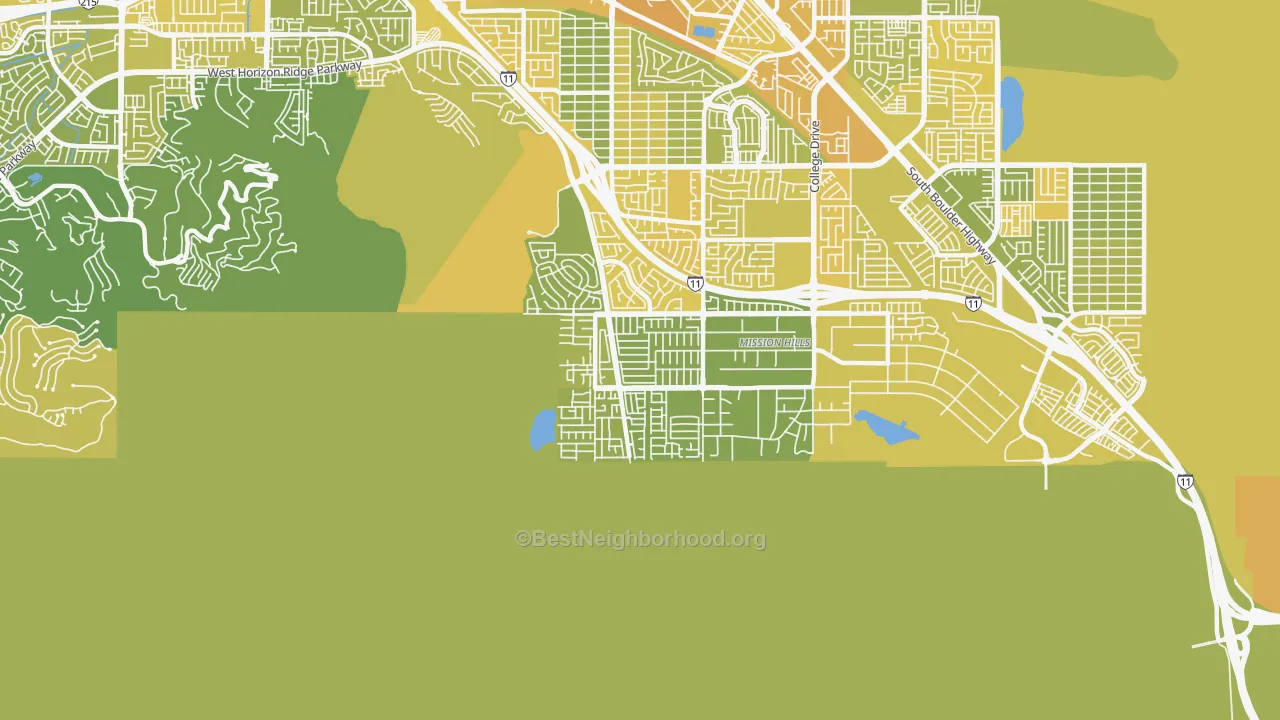 Map of the best neighborhoods in the Paradise Hills, Henderson area, with better matches in green and worse matches in red
