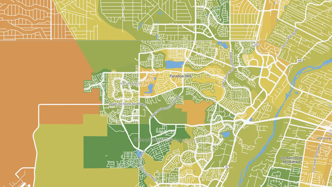Map of the best neighborhoods in the Paradise Hills area, with better matches in green and worse matches in red