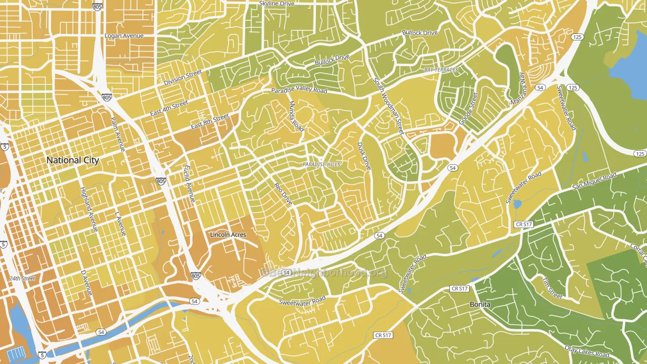 Map of the best neighborhoods in the Paradise Hills, San Diego area, with better matches in green and worse matches in red