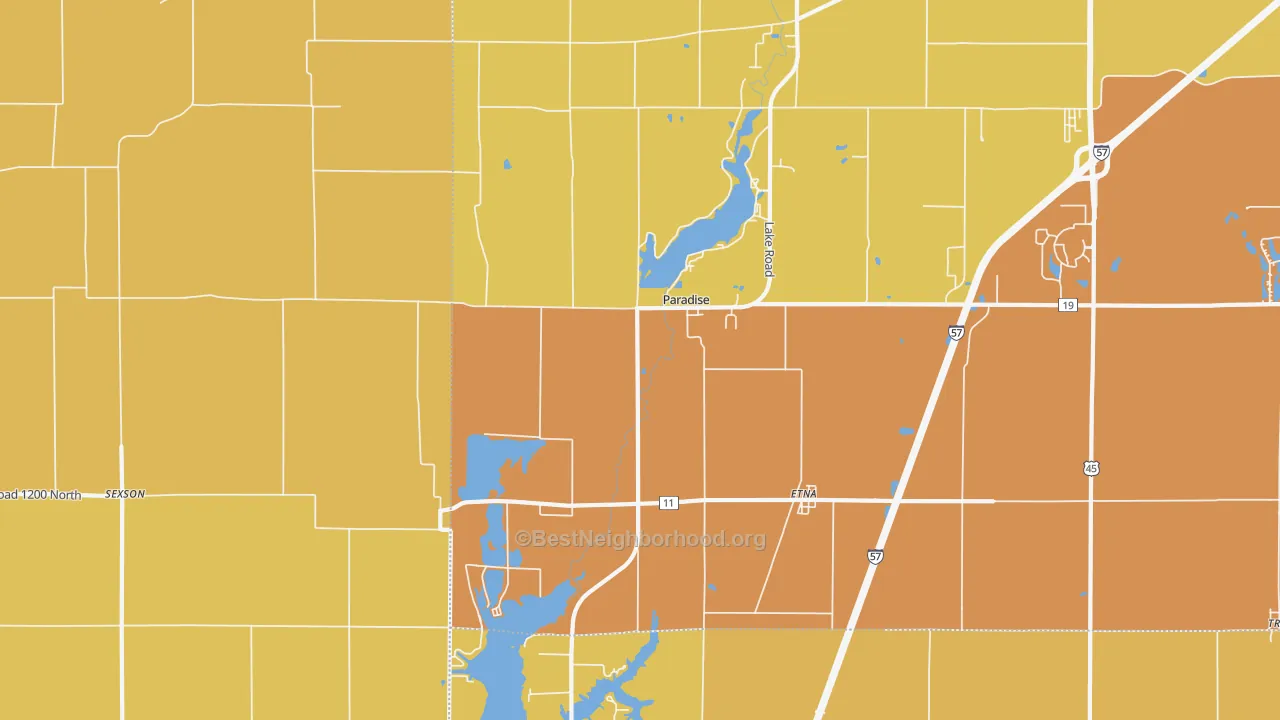 Map of the best neighborhoods in the Paradise area, with better matches in green and worse matches in red