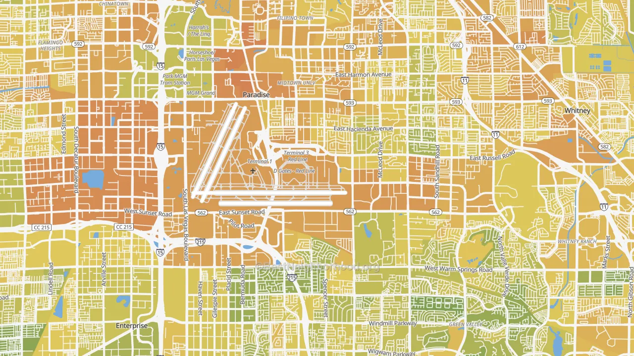Map of the best neighborhoods in the Paradise, Las Vegas area, with better matches in green and worse matches in red