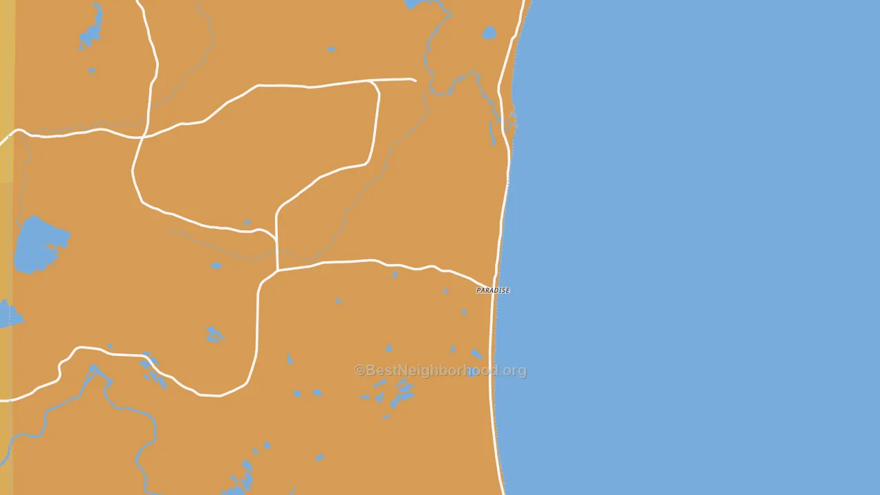 Map of the best neighborhoods in the Paradise area, with better matches in green and worse matches in red
