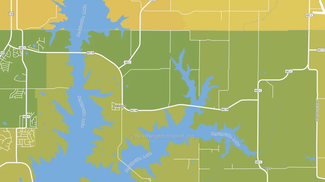 Map of the best neighborhoods in the Paradise area, with better matches in green and worse matches in red