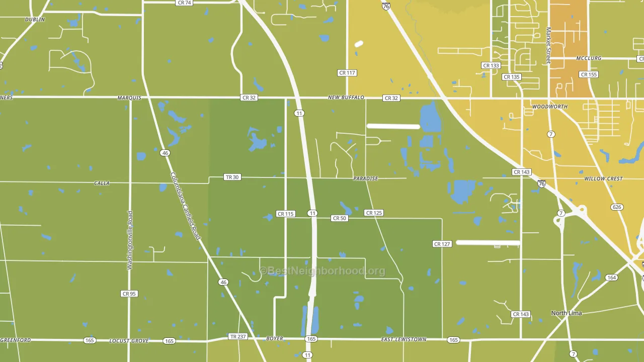 Map of the best neighborhoods in the Paradise area, with better matches in green and worse matches in red