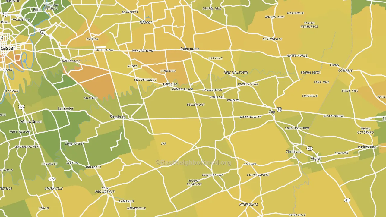 Map of the best neighborhoods in the Paradise area, with better matches in green and worse matches in red