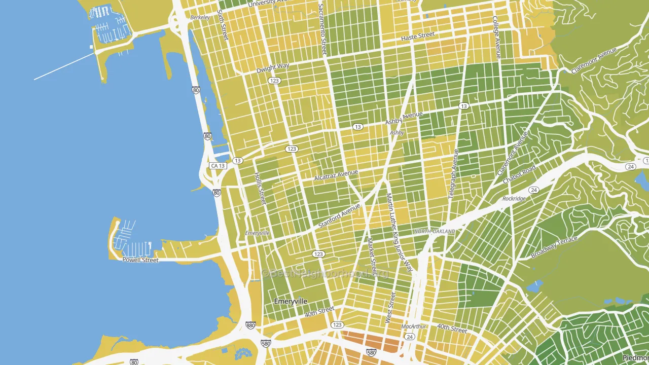 Map of the best neighborhoods in the Paradise Park, Emeryville area, with better matches in green and worse matches in red