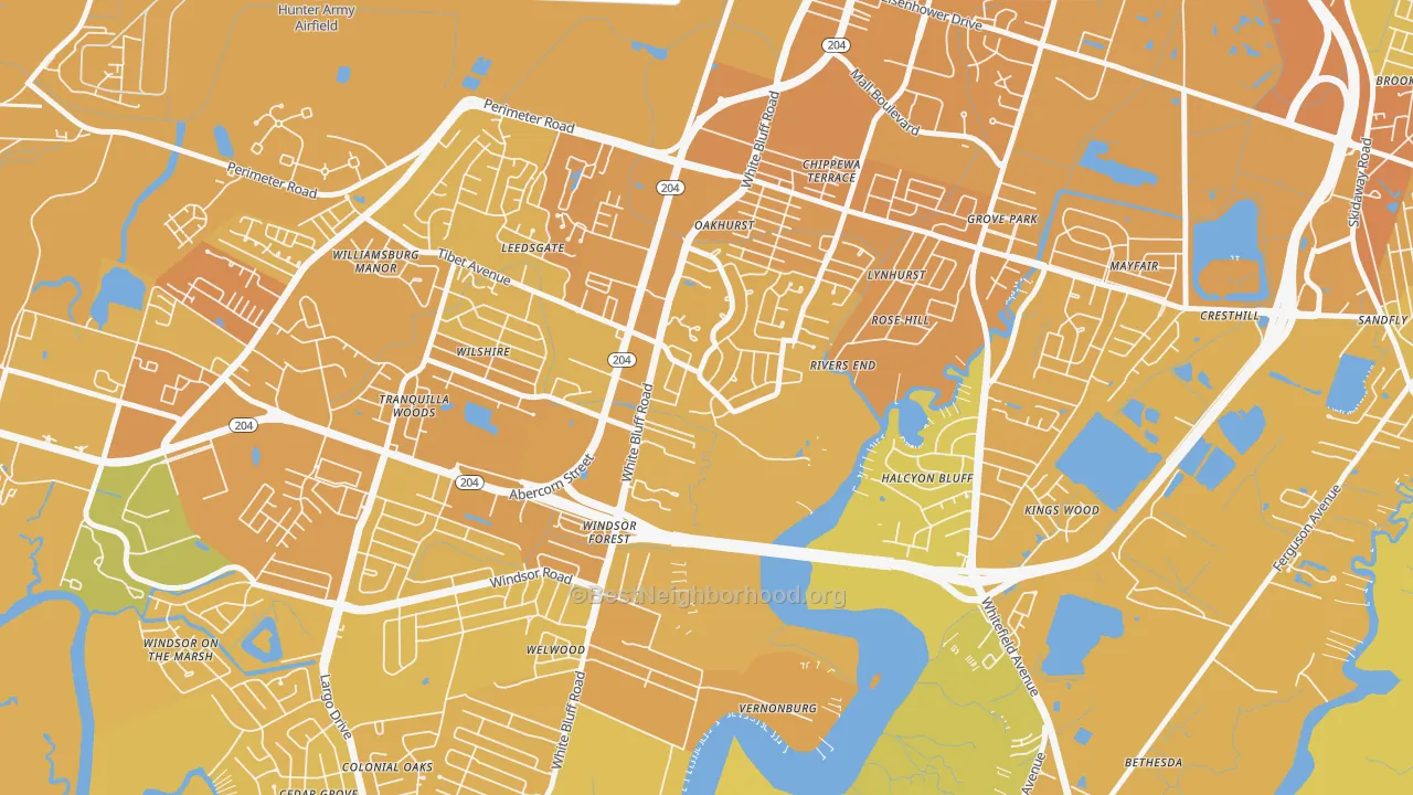 Map of the best neighborhoods in the Paradise Park, Savannah area, with better matches in green and worse matches in red