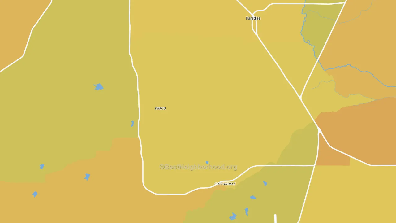 Map of the best neighborhoods in the Paradise area, with better matches in green and worse matches in red