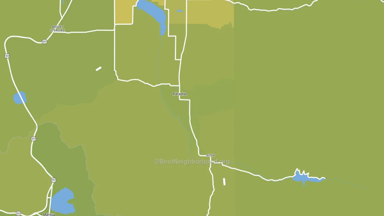 Map of the best neighborhoods in the Paradise area, with better matches in green and worse matches in red