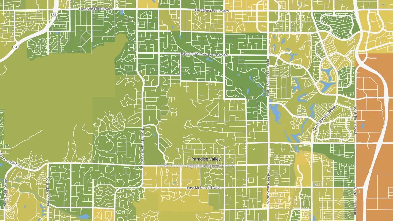 Map of the best neighborhoods in the Paradise Valley area, with better matches in green and worse matches in red