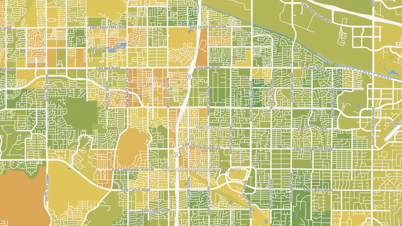 Map of the best neighborhoods in the Paradise Valley, Phoenix area, with better matches in green and worse matches in red