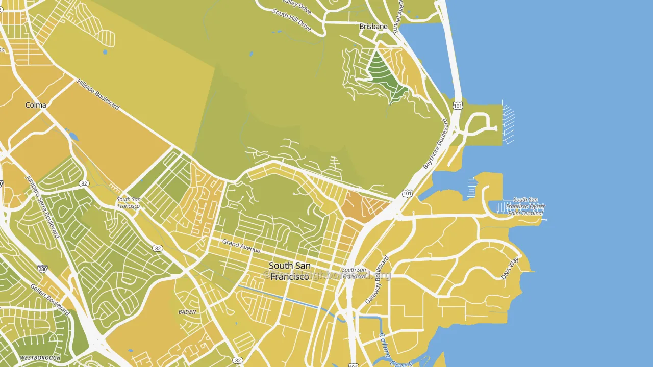 Map of the best neighborhoods in the Paradise Valley, South San Francisco area, with better matches in green and worse matches in red