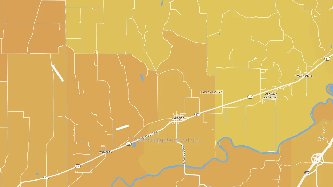 Map of the best neighborhoods in the Paragon area, with better matches in green and worse matches in red