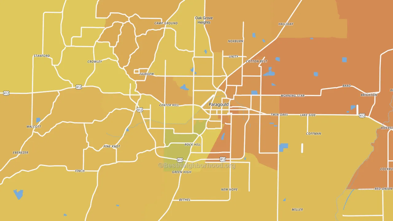 Map of the best neighborhoods in the Paragould area, with better matches in green and worse matches in red