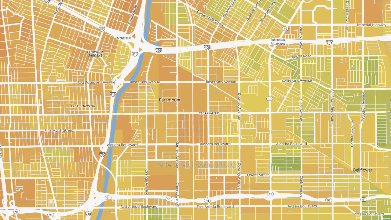 Map of the best neighborhoods in the Paramount area, with better matches in green and worse matches in red