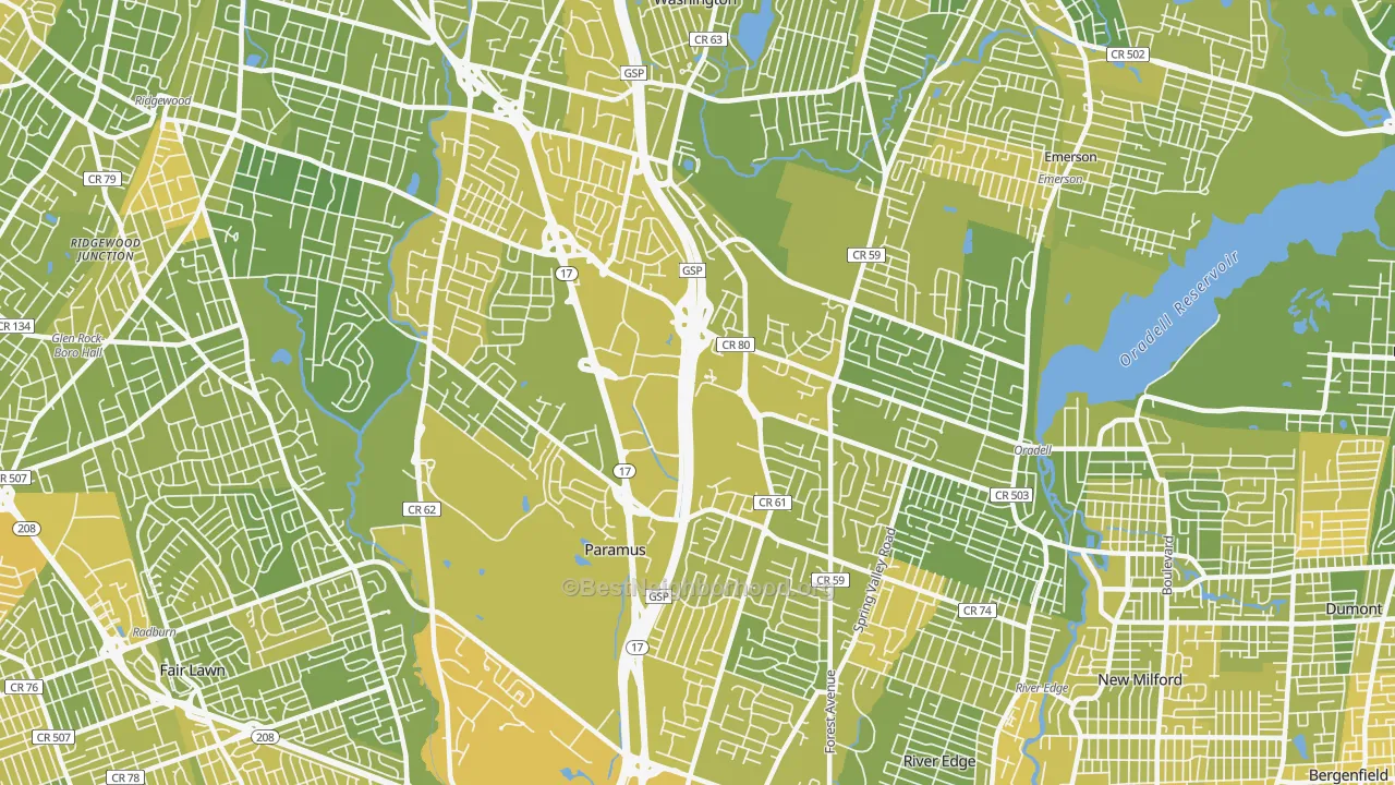 Map of the best neighborhoods in the Paramus area, with better matches in green and worse matches in red