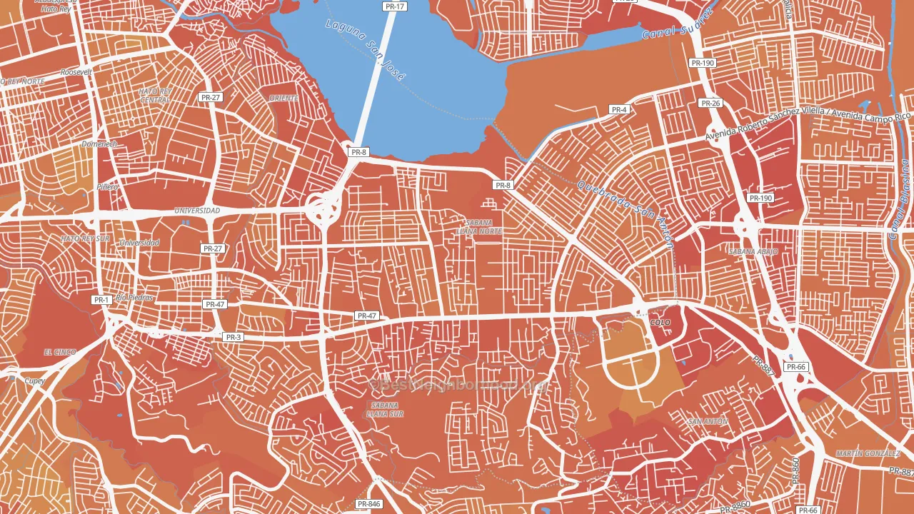 Map of the best neighborhoods in the Parcelas Falu, San Juan area, with better matches in green and worse matches in red