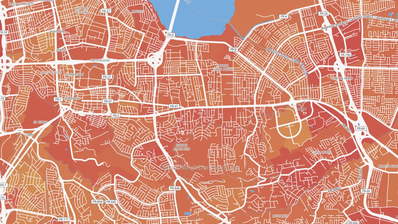 Map of the best neighborhoods in the Parcelas Hill Brothers, San Juan area, with better matches in green and worse matches in red