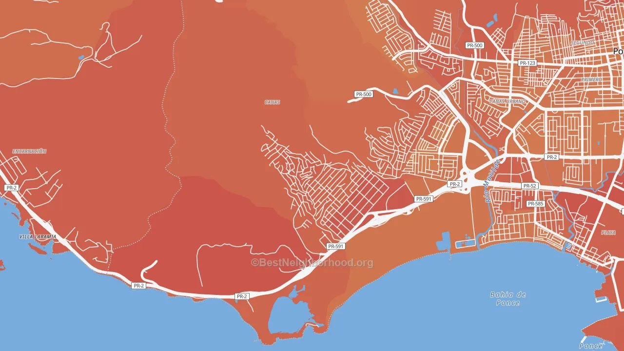 Map of the best neighborhoods in the Parcelas Nueva Vida, Ponce area, with better matches in green and worse matches in red