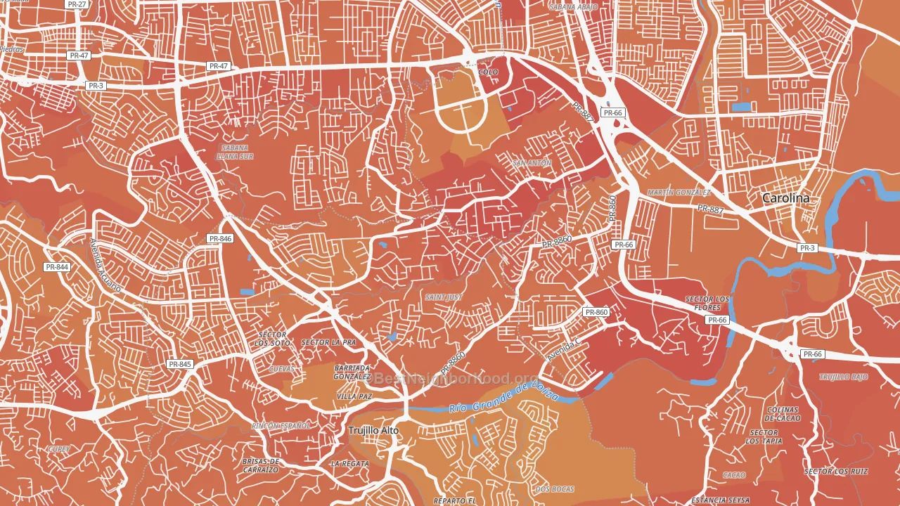 Map of the best neighborhoods in the Parcelas Saint Just, Trujillo Alto area, with better matches in green and worse matches in red