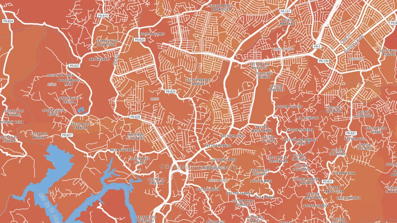 Map of the best neighborhoods in the Parcelas van Scoy, Bayamon area, with better matches in green and worse matches in red