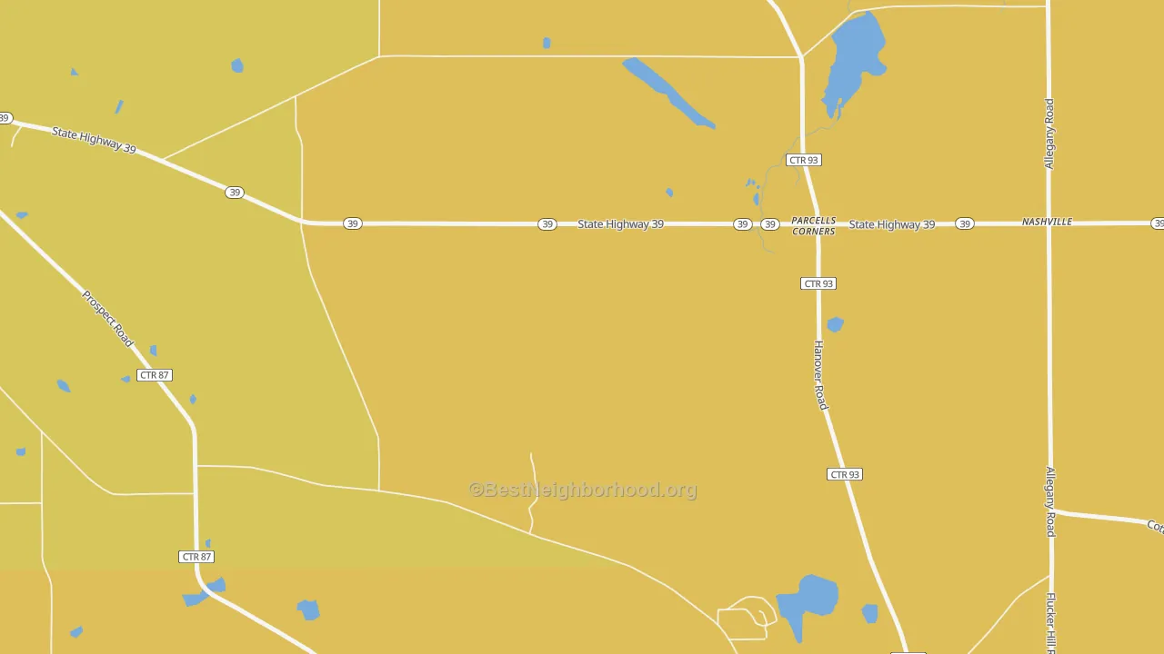 Map of the best neighborhoods in the Parcells Corner area, with better matches in green and worse matches in red