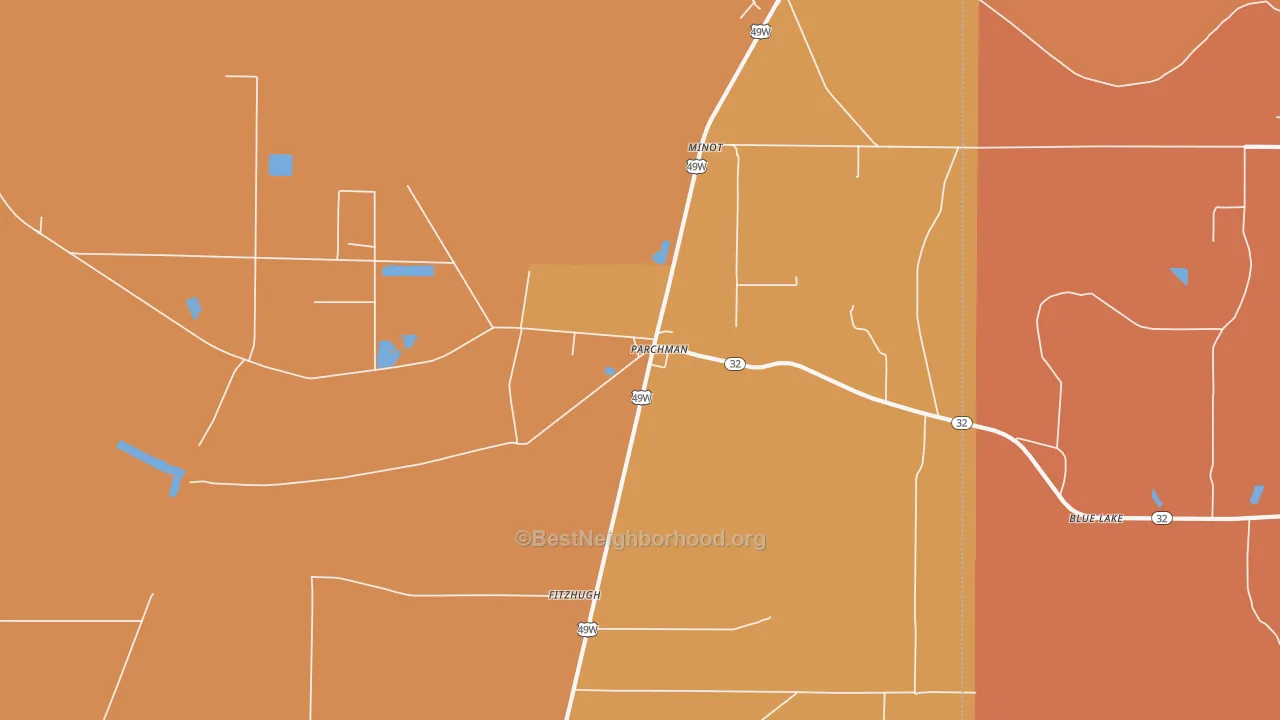 Map of the best neighborhoods in the Parchman area, with better matches in green and worse matches in red