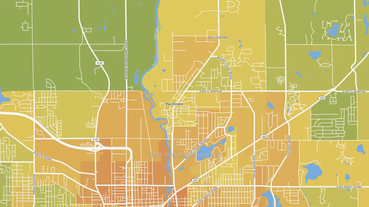 Map of the best neighborhoods in the Parchment area, with better matches in green and worse matches in red
