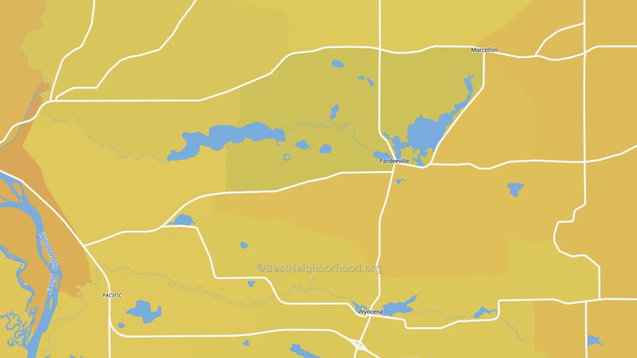 Map of the best neighborhoods in the Pardeeville area, with better matches in green and worse matches in red