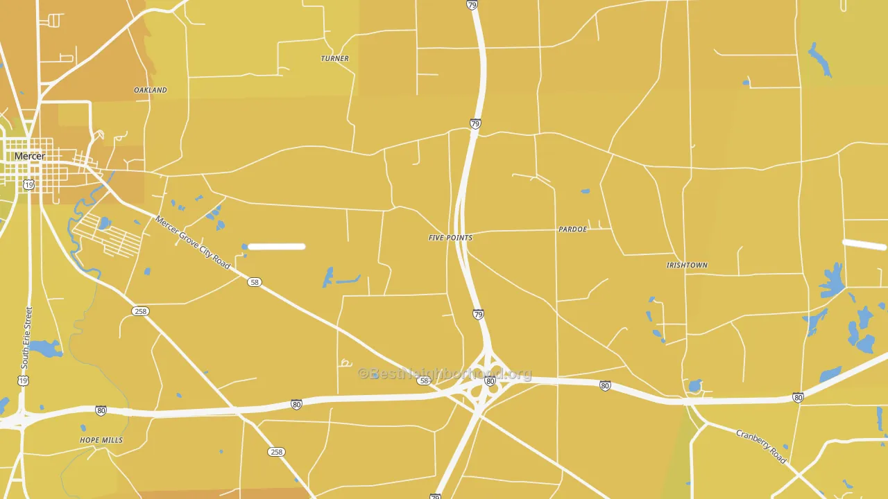 Map of the best neighborhoods in the Pardoe area, with better matches in green and worse matches in red