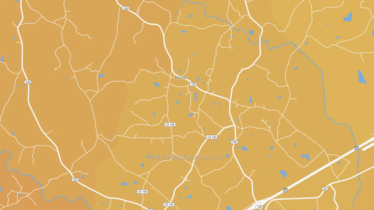 Map of the best neighborhoods in the Parhams area, with better matches in green and worse matches in red
