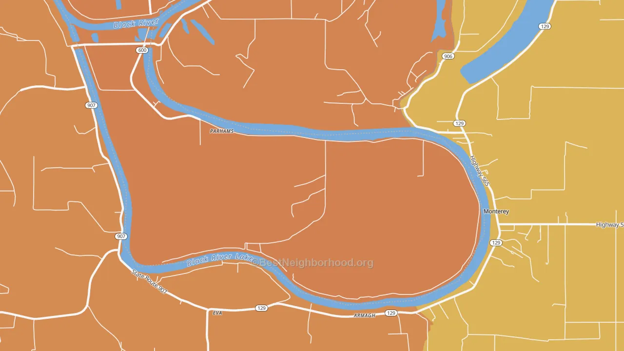 Map of the best neighborhoods in the Parhams area, with better matches in green and worse matches in red