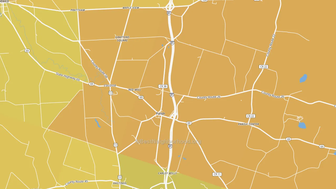 Map of the best neighborhoods in the Parish area, with better matches in green and worse matches in red
