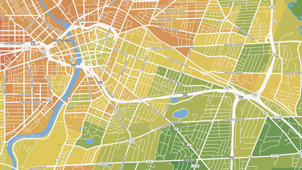 Map of the best neighborhoods in the Park Avenue, Rochester area, with better matches in green and worse matches in red