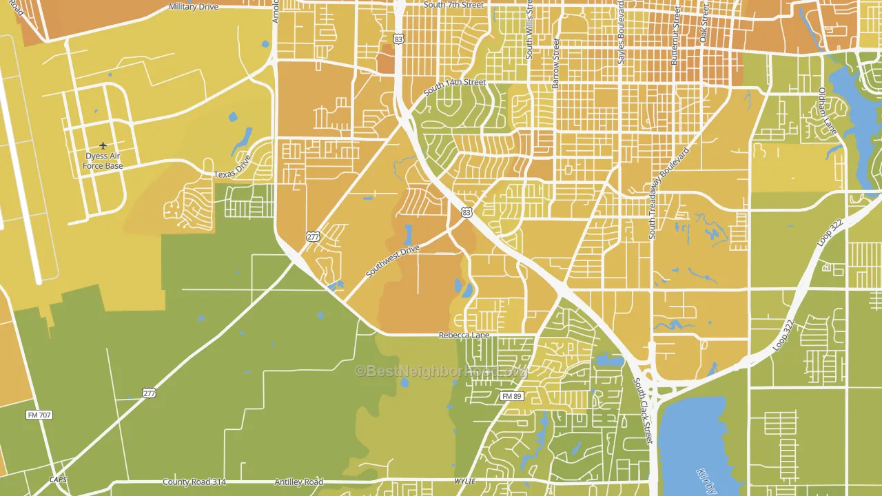 Map of the best neighborhoods in the Park Central Area, Abilene area, with better matches in green and worse matches in red