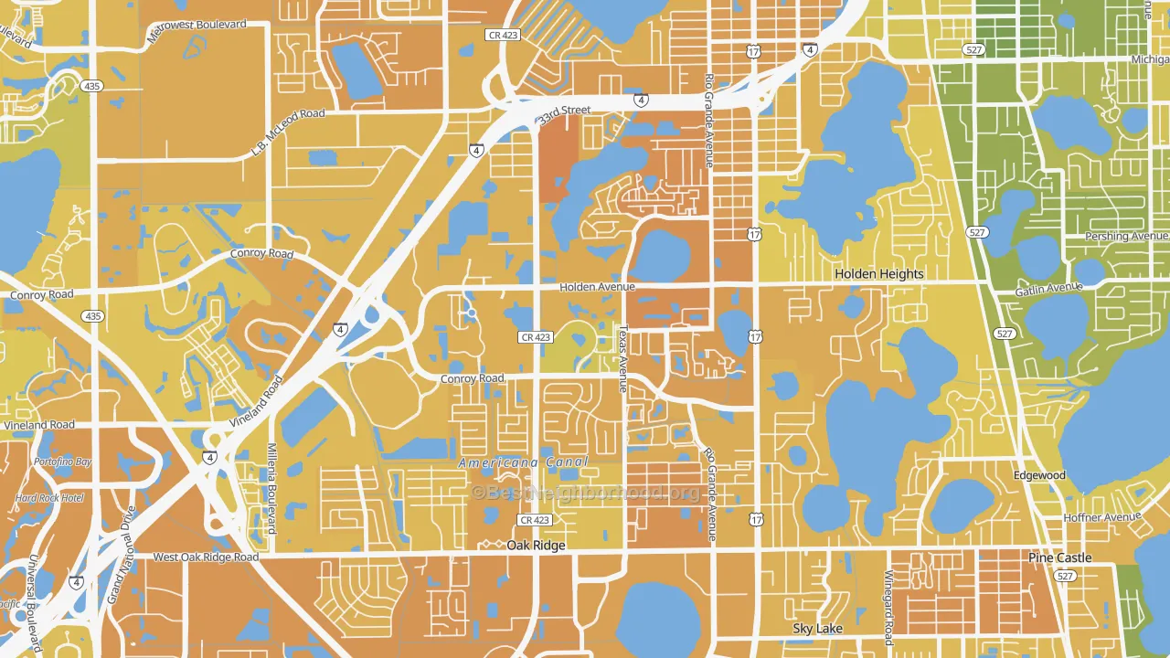 Map of the best neighborhoods in the Park Central, Orlando area, with better matches in green and worse matches in red