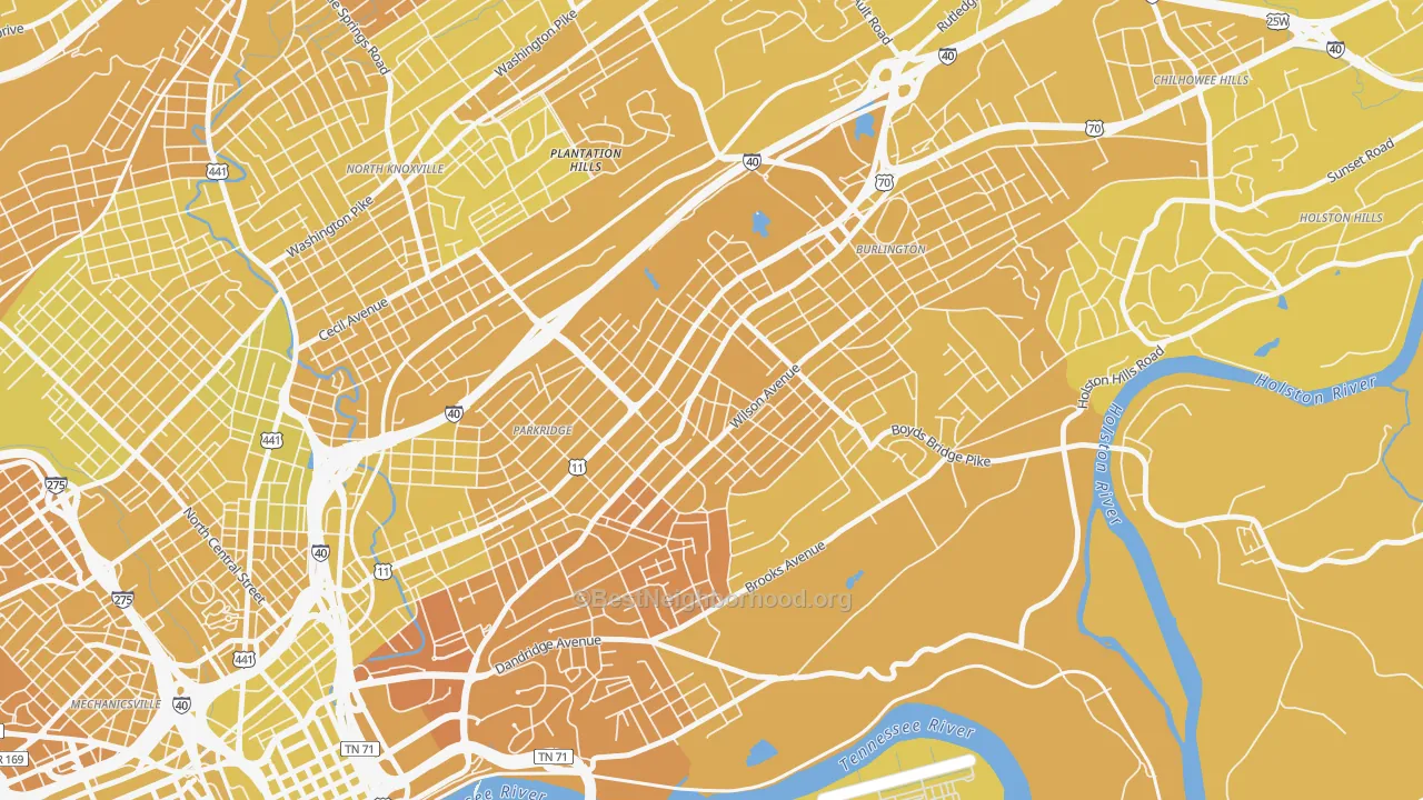 Map of the best neighborhoods in the Park City, Knoxville area, with better matches in green and worse matches in red