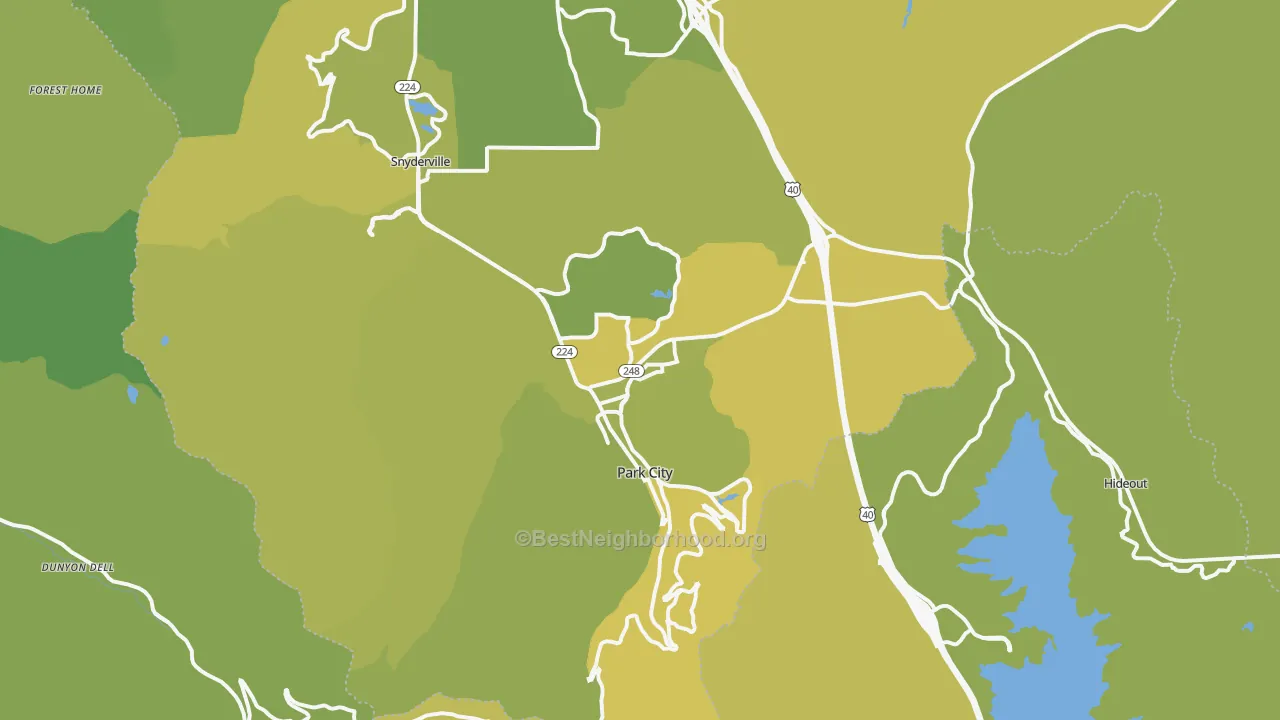 Map of the best neighborhoods in the Park City area, with better matches in green and worse matches in red
