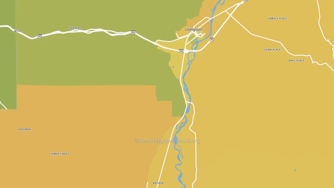 Map of the best neighborhoods in the Park County area, with better matches in green and worse matches in red