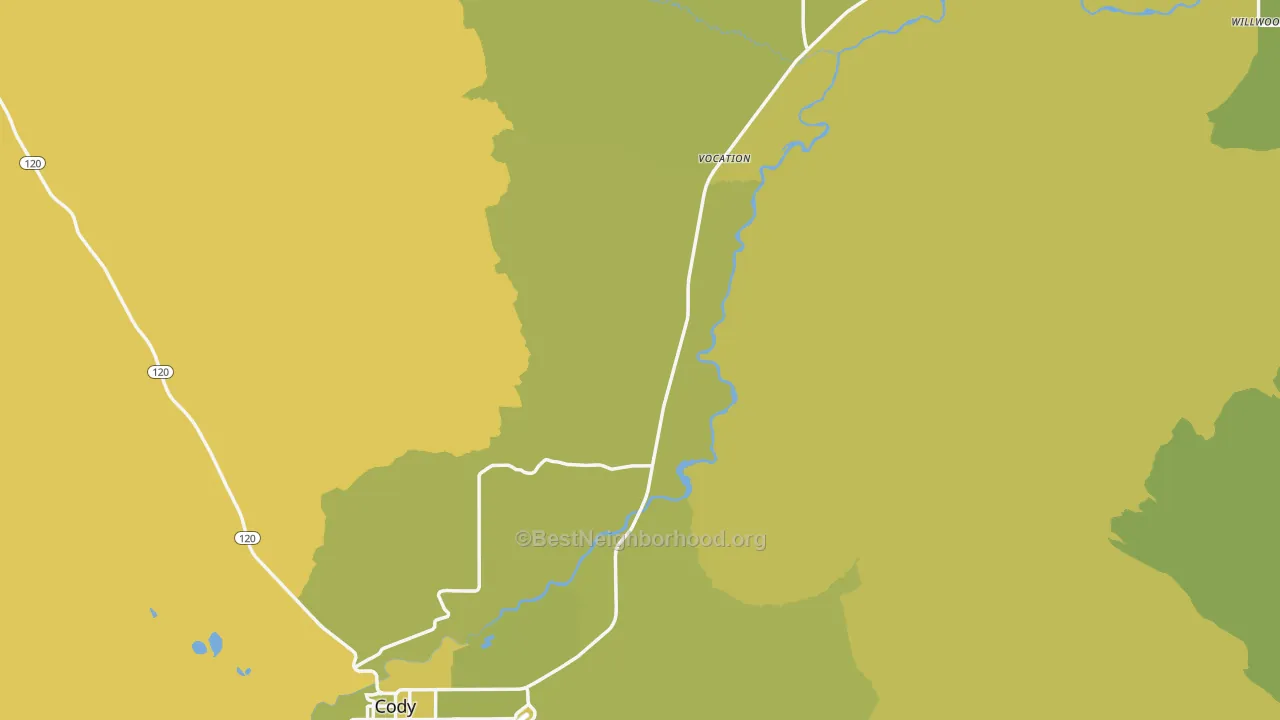 Map of the best neighborhoods in the Park County area, with better matches in green and worse matches in red