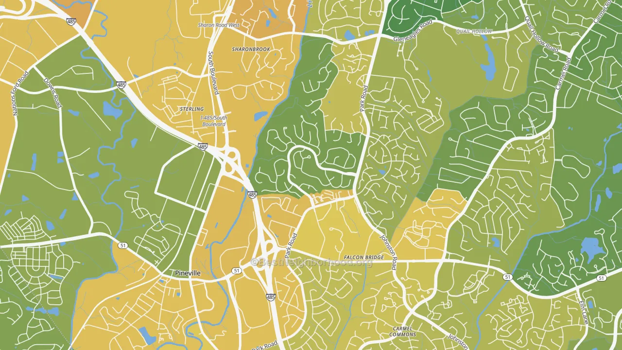Map of the best neighborhoods in the Park Crossing, Charlotte area, with better matches in green and worse matches in red
