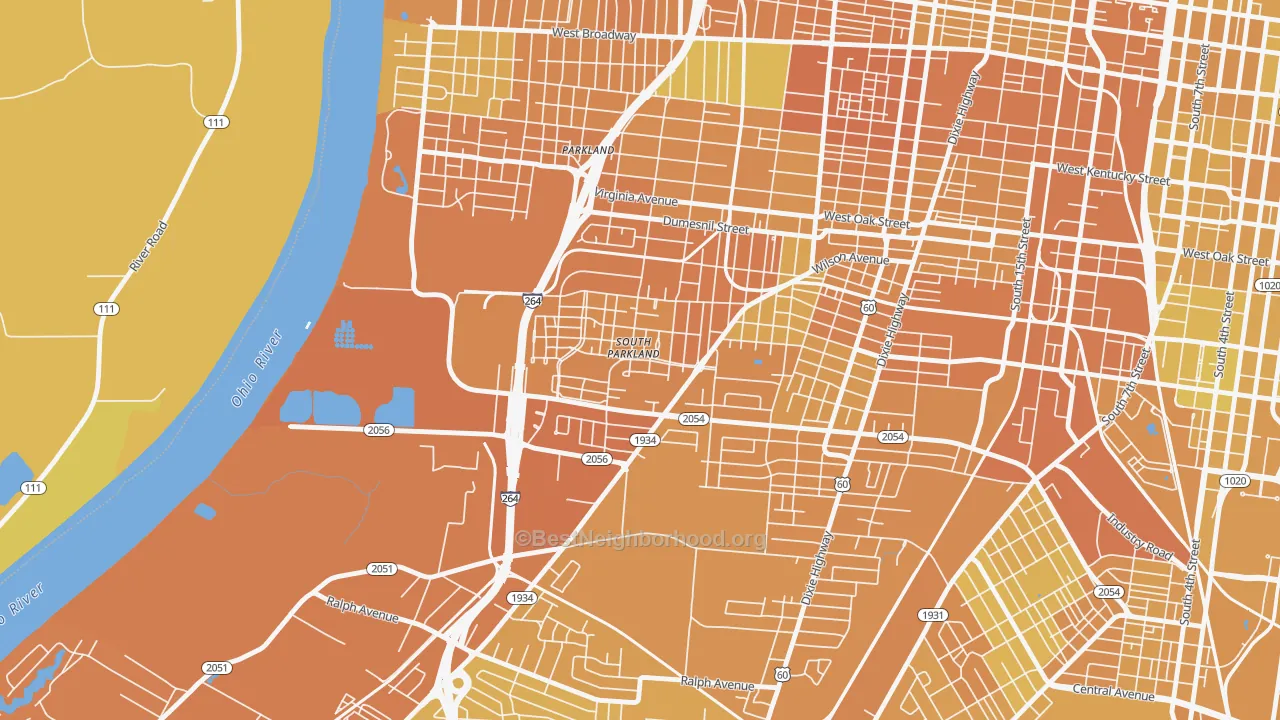 Map of the best neighborhoods in the Park Duvalle, Louisville area, with better matches in green and worse matches in red